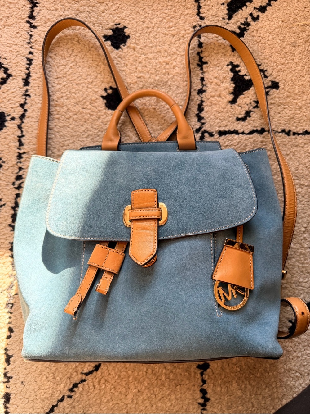 Michael Kors Blue Suede Backpack with Tan Leather Accents